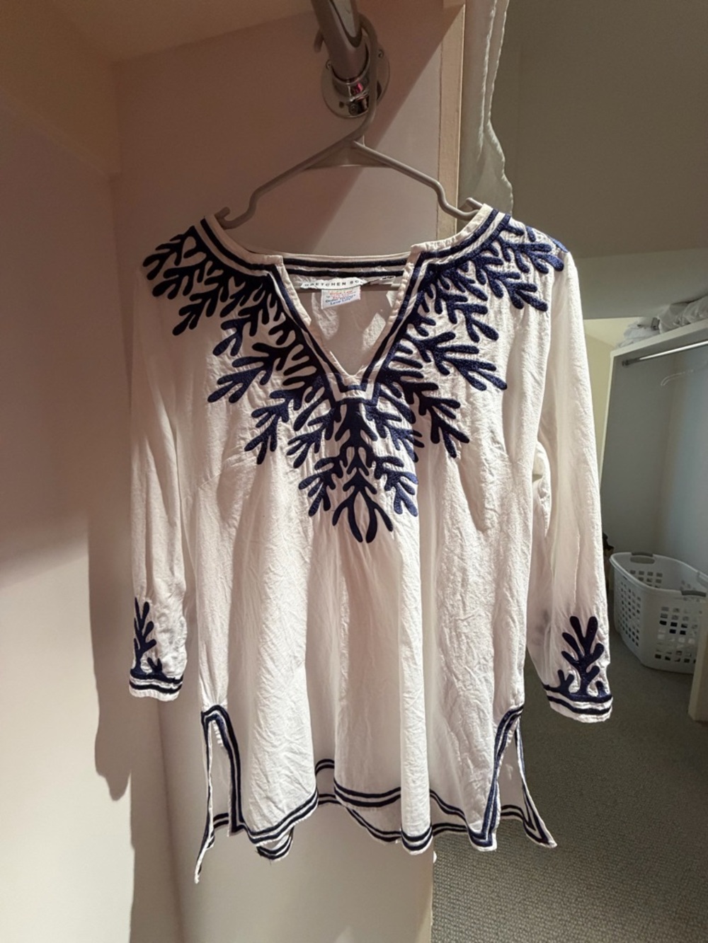 Gretchen Scott Designs White Tunic with Navy Embroidered Vine Detail